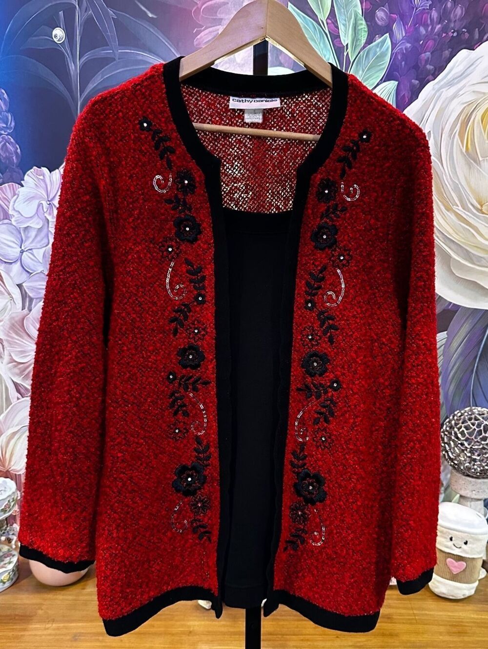 Cathy Daniels 1X Faux Layered Sweater Top Red Black Floral Sequin Y2K Whimsigoth
